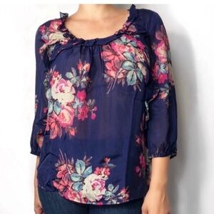 Leifsdottir Anthropologie Blue Floral Ditzy 100% Silk Blouse Top Ruffle Sz 2